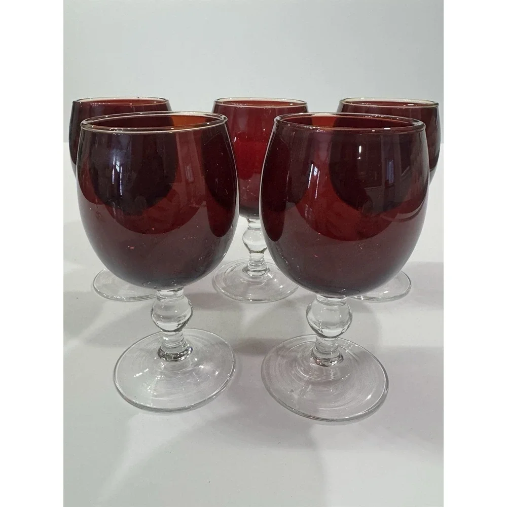 VTG Ruby Flash Glass Wine Water Goblet Clear Ball Stem Grandmillennial Chic
